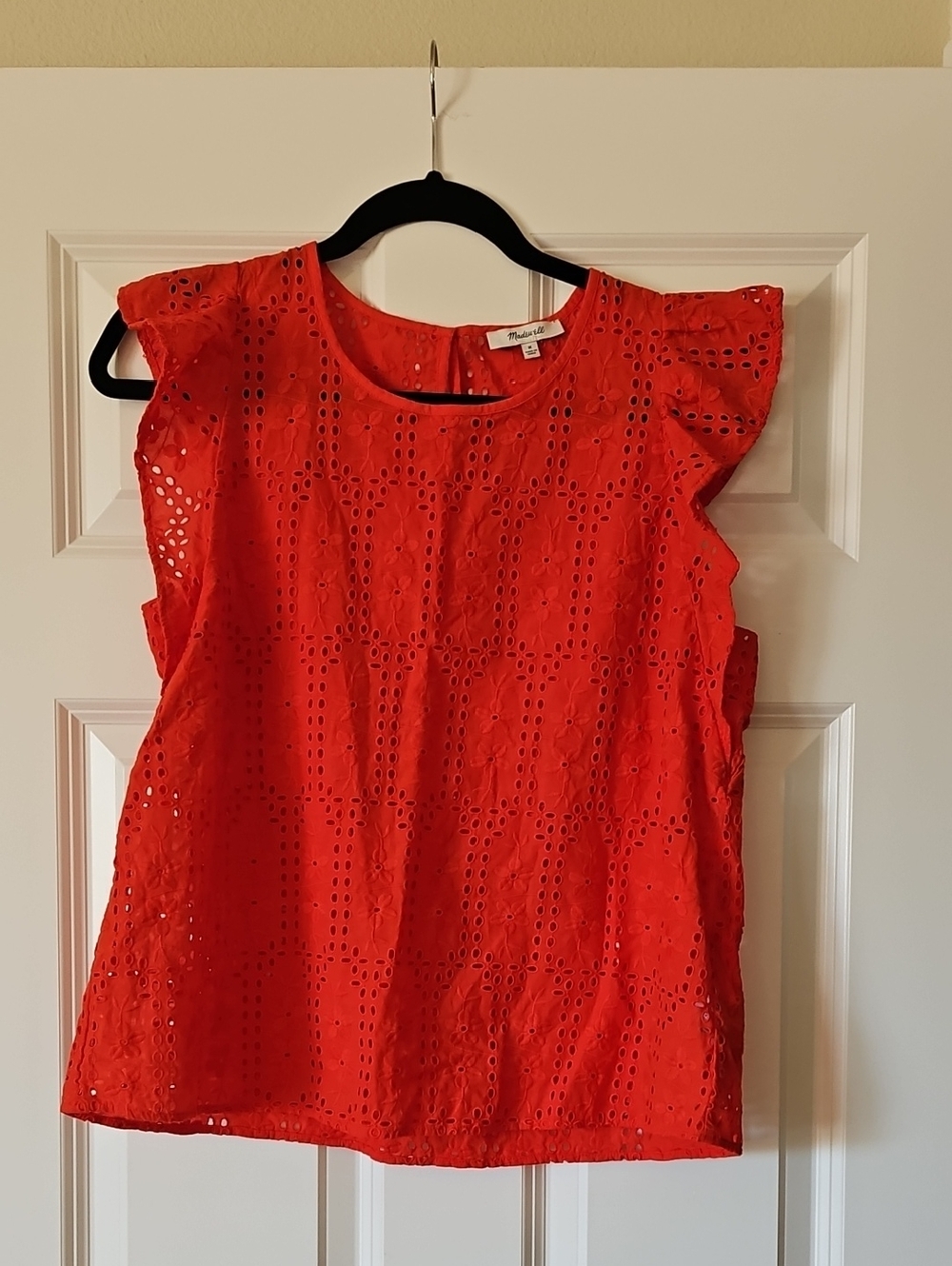 Madewell Coral Red Eyelet Flutter-Sleeve Blouse